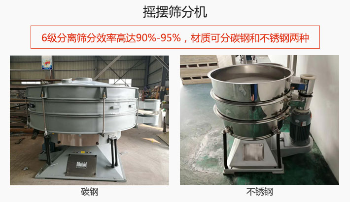 搖擺篩分機(jī)6級(jí)分離篩分效率高達(dá)90%-95%，材質(zhì)可分碳鋼和不銹鋼兩種。